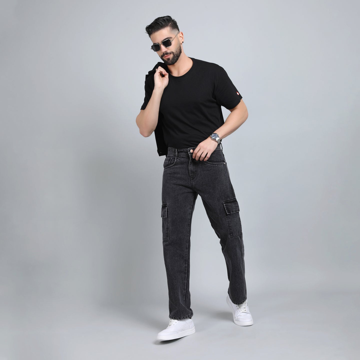 BLACK BAGGY CARGO FIT JEAN 4725-1
